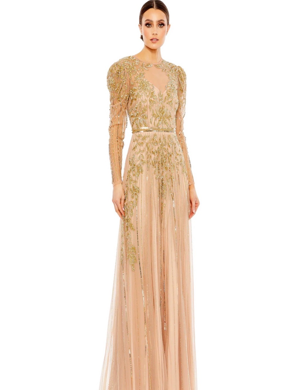 Mac Duggal Nude-Beige Embellished Long-Sleeve Evening Gown 93638